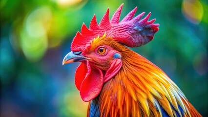 Fototapeta premium Close-up shot of a rooster's vibrant and colorful crest, rooster, poultry, farm animal, feathers, plumage, vibrant
