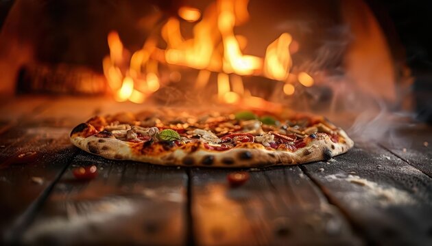 Pizza oven with a pizza baking, warm and inviting, Cozy, Warm tones, Photograph, Culinary delight