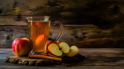 A pitcher of apple cider with cinnamon sticks and apples.