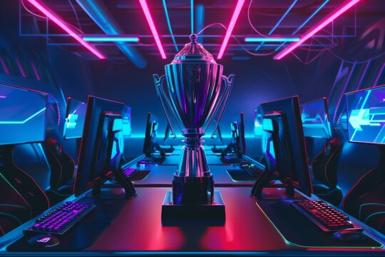 A room with many computer monitors and a trophy on a table. The room is brightly lit with neon colors