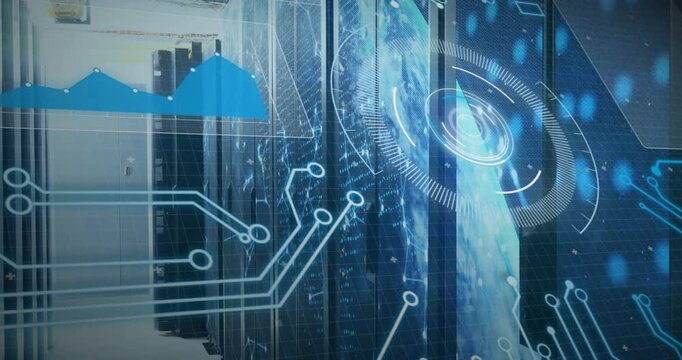 Processing data and animating circuit board over server room