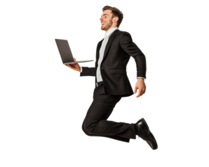 Business people jump high with high spirit with slim trendy laptop transparent background