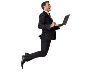Business people jump high with high spirit with slim trendy laptop transparent background