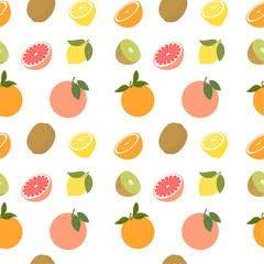 Seamless pattern with citrus fruits. Grapefruit, orange fruit, kiwi fruit, lemons. Whole and half sliced sweet fruits. Vector background, flat style.