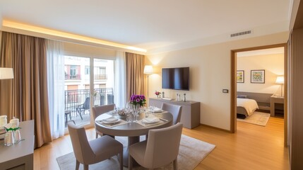 A comfortable round table surrounded by sleek chairs in a bright minimalist apartment, showcasing a large window with curtains and a mounted TV on the wall