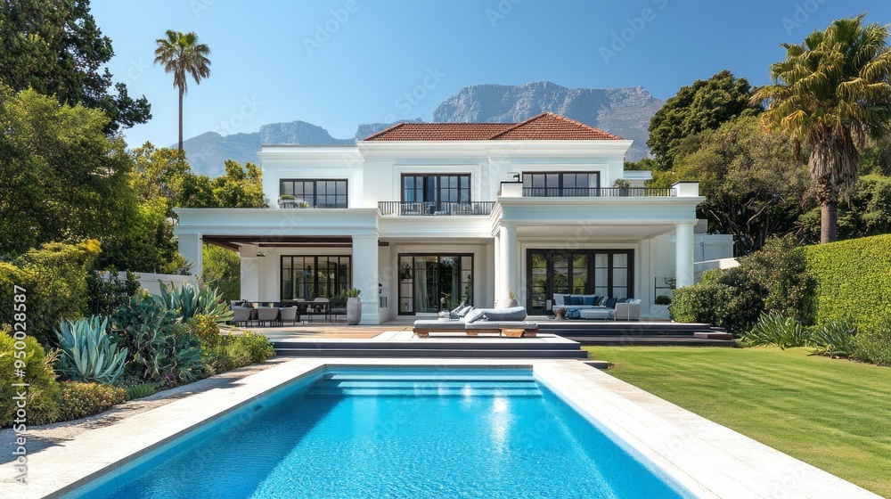Poster a large white house with a pool and a large backyard