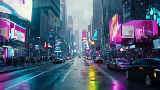 Futuristic dark cyberpunk city technology dystopia streets cars colorful neon AI lights glow night architecture skyscrapers background cyberspace technology simulation cyber fantasy science fiction
