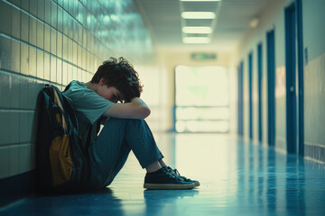 Young student is sitting alone on the floor of a school hallway, feeling sad and overwhelmed