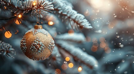 Obraz premium A golden Christmas ornament hangs on a snow-covered pine tree.