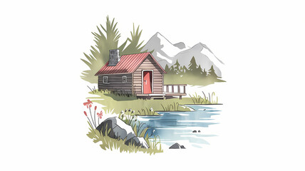 wooden cabin by the lakeside ,  illustration isolated on white background 