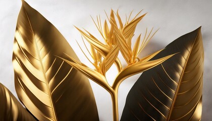 A golden bird of paradise flower with golden leaves and buds is surrounded by bright white stucco.