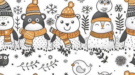 A festive seamless pattern of holiday animals, featuring polar bears, penguins, and owls dressed in Santa hats and scarves.