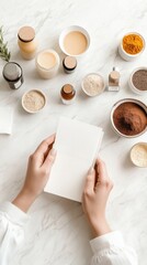 A person following a recipe card while preparing a meal from a finish-at-home kit, with a variety of spices and sauces laid out on the counter