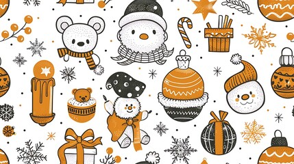 A lively seamless pattern of Santa’s workshop with elves building toy trains, cuddly teddy bears, and wrapping gifts. The background features twinkling lights, candy canes, and festive ornaments,