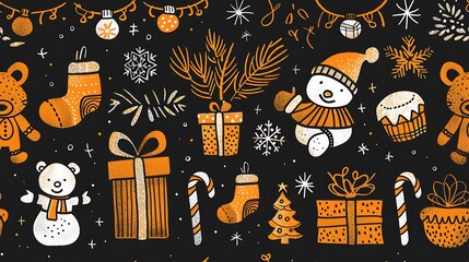 A lively seamless pattern of Santa’s workshop with elves building toy trains, cuddly teddy bears, and wrapping gifts. The background features twinkling lights, candy canes, and festive ornaments,