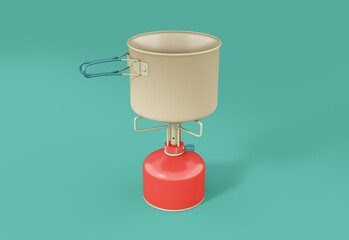 Tourist gas cylinder with a burner and dishes in color. Minimal style with copy space. 3d illustration.