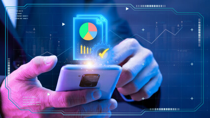 Data, information that can be interpreted and used by computers. Businessman shows glowing neon line of data icon on virtual screen.