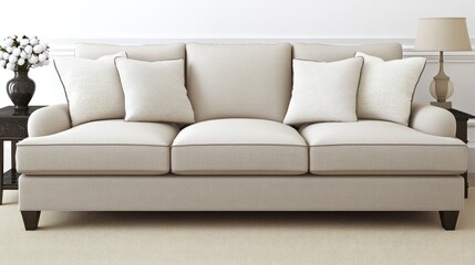 Obraz premium A beautifully arranged space features an elegant sofa, a sleek black side table, and a round white vase with cotton branches, all illuminated by soft lighting