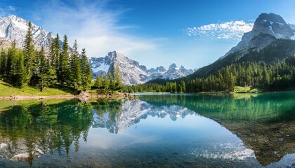 Fototapeta premium A serene mountain landscape with a reflective lake, surrounded by picturesque mountains and trees, illustrating nature's serene beauty