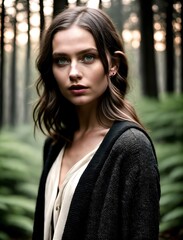 Portrait of a young woman in a misty forest.