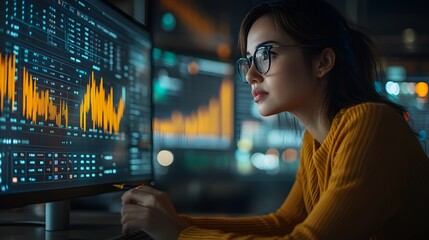 Businesswoman reviewing performance data on a computer screen, making notes and planning next steps in a professional office environment.