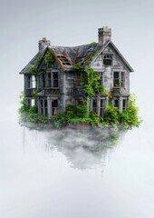 A creepy, abandoned mansion with broken windows and overgrown vines, surrounded by a thick fog, isolated on a light grey background.
