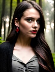 Naklejka premium Portrait of a young woman in a misty forest.
