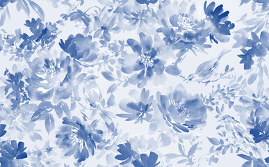 A seamless pattern of abstract blue flowers and birds painted in watercolor. A botanical textile in watercolor. A wallpaper with blue watercolor plants and flowers.