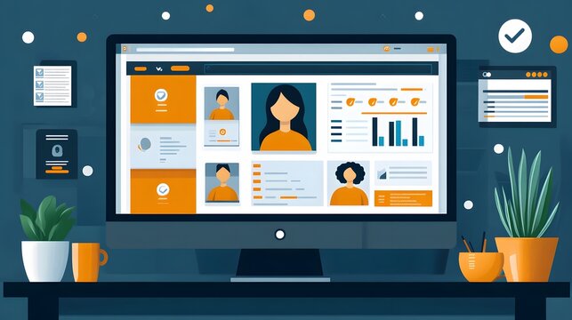 Recruitment and interview management system in vector graphic style, featuring tools for candidate assessment and scheduling.