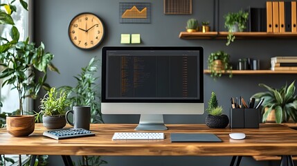 Minimalist desk setup with a computer blank screen, clipboard, wall clock, calculator, coffee mug, and note paper with a data graph on the wall.