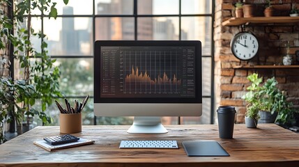 Office workspace featuring a computer with a blank display, clipboard, clock, calculator, coffee cup, and a data graph pinned to the wall.