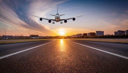 Naklejka premium Airplane Landing on City Street at Sunset