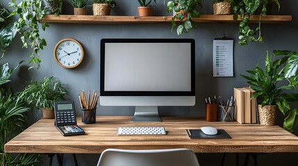 Desk with a computer showing a blank screen, a clipboard, clock, calculator, takeaway coffee mug, and a data graph on the wall.