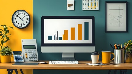 Desk with a computer showing a blank screen, a clipboard, clock, calculator, takeaway coffee mug, and a data graph on the wall.