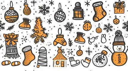 A seamless pattern of doodled snowflakes, mittens, ice skates, and snowmen, all set in a whimsical winter wonderland. The background is filled with swirling snow and a peaceful, icy landscape,