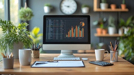Office desk setup including a computer with no screen content, clipboard, clock, calculator, coffee mug, and a data graph on the wall.