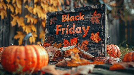 This dynamic scene features a vibrant "Black Friday" sign in bold, stylized letters, surrounded by shopping bags and discount tags, capturing the excitement of holiday shopping.