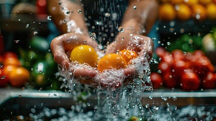 Fototapeta premium Close-up of hands washing fresh produce under running water.