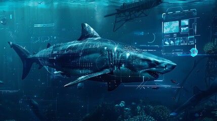 Ancient ocean scene reimagined futuristic twist featuring Megalodon surrounded holographic marine creatures advanced underwater technology The sharks massive size contrasts with the sleek modern tech