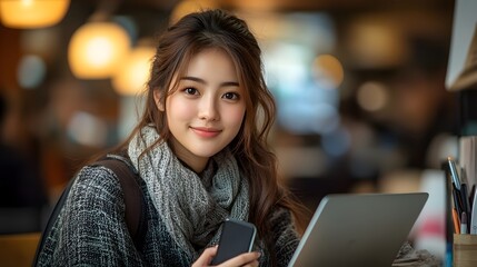 Asian female student preparing for graduation, using both a laptop and smartphone, in a well-organized and bright study space.