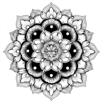 recommend clip art: A beautifully detailed mandala featuring swirling lines and floral shapes that create a harmonious and intricate design, The character should have an outline suitable for coloring