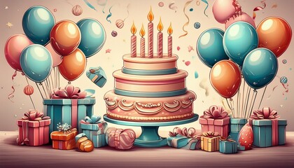 An illustration featuring balloons, cake, gifts, and festive decorations for a vintage-style birthday celebration