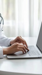 Naklejka premium A person sitting at home using a laptop for a telemedicine consultation with a doctor, surrounded by a calm and comfortable living space