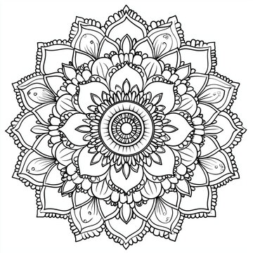 recommend clip art: A beautifully detailed mandala featuring swirling lines and floral shapes that create a harmonious and intricate design, The character should have an outline suitable for coloring