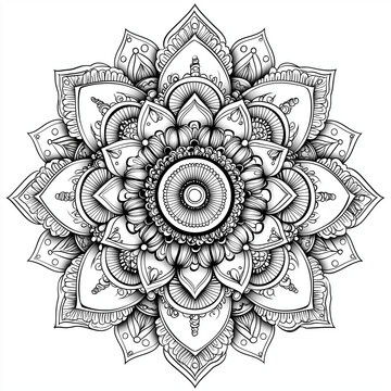 recommend clip art: A beautifully detailed mandala featuring swirling lines and floral shapes that create a harmonious and intricate design, The character should have an outline suitable for coloring