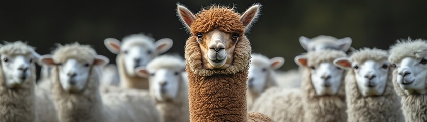 Brown alpaca standing confidently among a flock of white sheep, centered