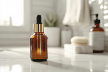 Naklejka premium Skin care essence serum bottle in the bathroom on light background. Vitamins for skin. Hydrating anti aging serum with collagen and peptides. Cosmetics, daily face care routine