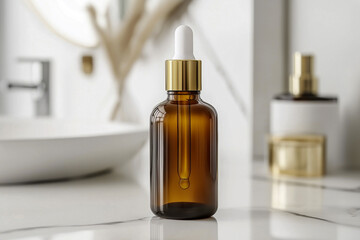 Fototapeta premium Skin care essence serum bottle in the bathroom on light background. Vitamins for skin. Hydrating anti aging serum with collagen and peptides. Cosmetics, daily face care routine