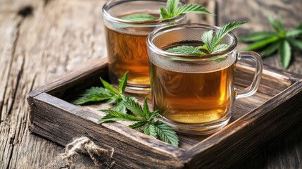 Fototapeta premium Herbal tea garnished with cannabis leaves, displayed on a rustic wooden tray, perfect for a relaxing, natural beverage setting.