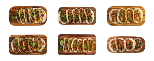 Mexican tacos on a wooden board isolated on a transparent or white background, top view, cut-out, PNG